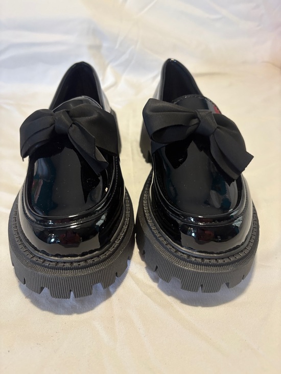 Shoes - Patent Black Bow Chunky Loafers - Women